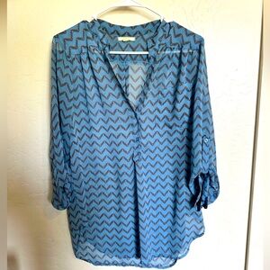 Pleione Blue 1/2 Button Front V Neck Georgette Bloue